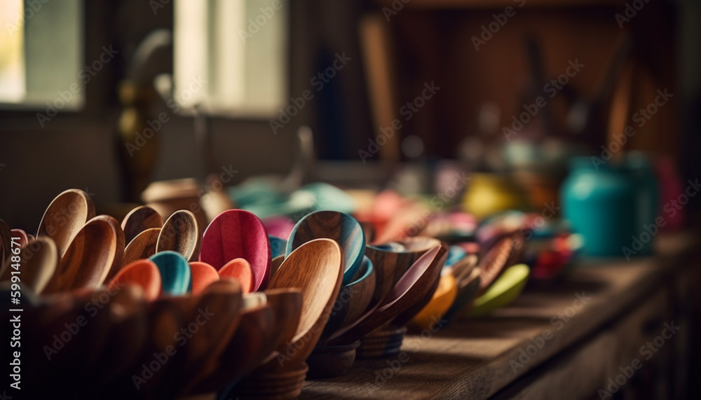 Rustic pottery collection adorns wooden kitchen shelf generated by AI