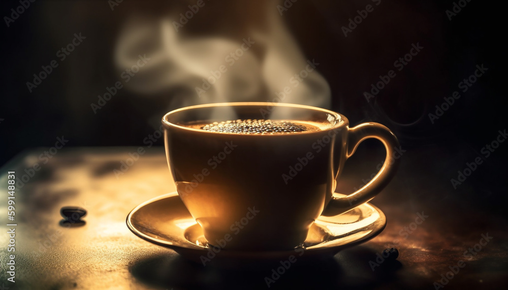 Hot coffee steam rises from black mug generated by AI