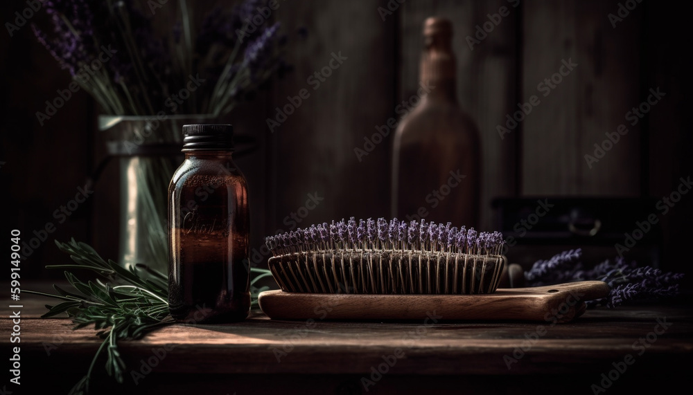 Scented herbal medicine bottle on rustic wood generated by AI