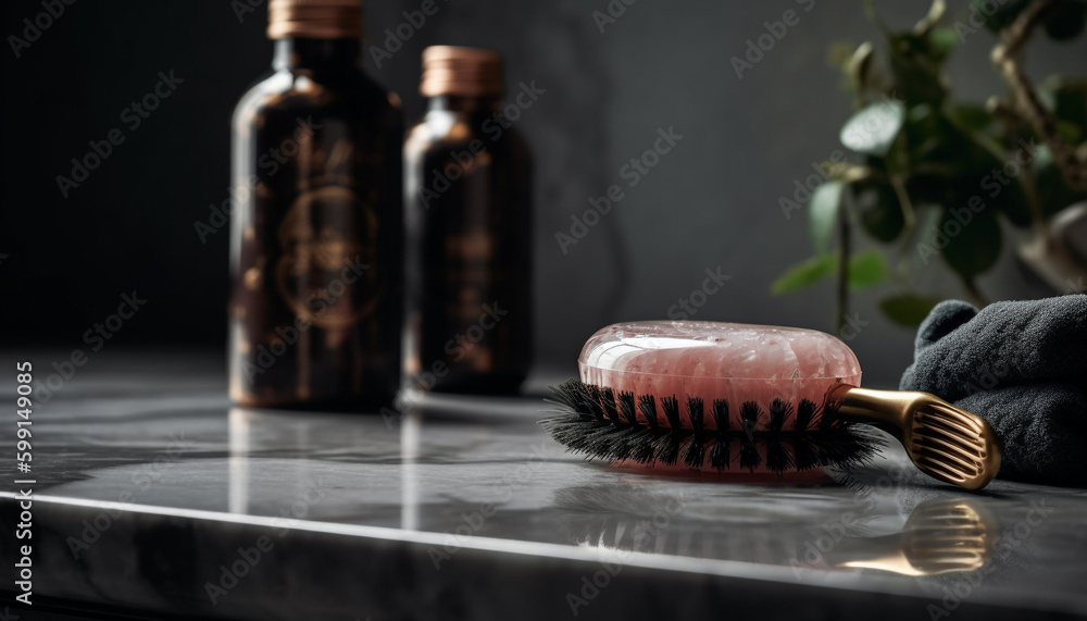 Organic herbal soap bottle on wooden table generated by AI