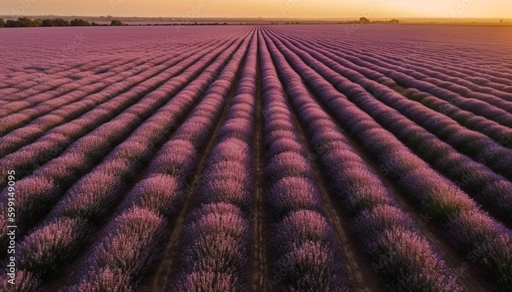 Purple flowers bloom in idyllic meadow landscape generated by AI