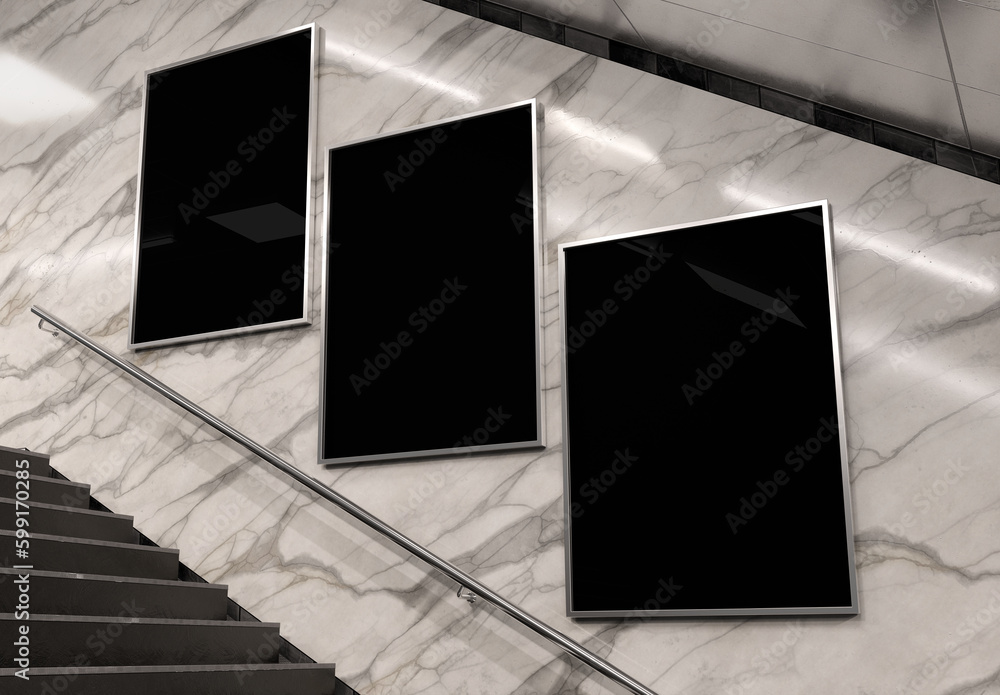 Three vertical billboards on underground subway wall Mockup. Hoardings advertising triptych on train