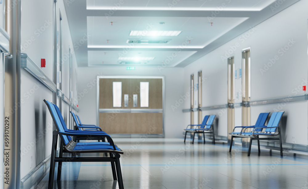 Long white hospital corridor with rooms and seats 3D rendering. Empty accident and emergency interio