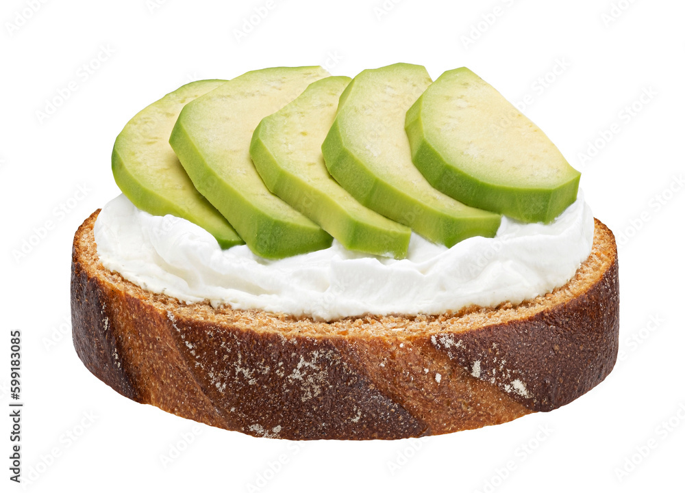 Rye bread with cream cheese and avocado isolated on white background