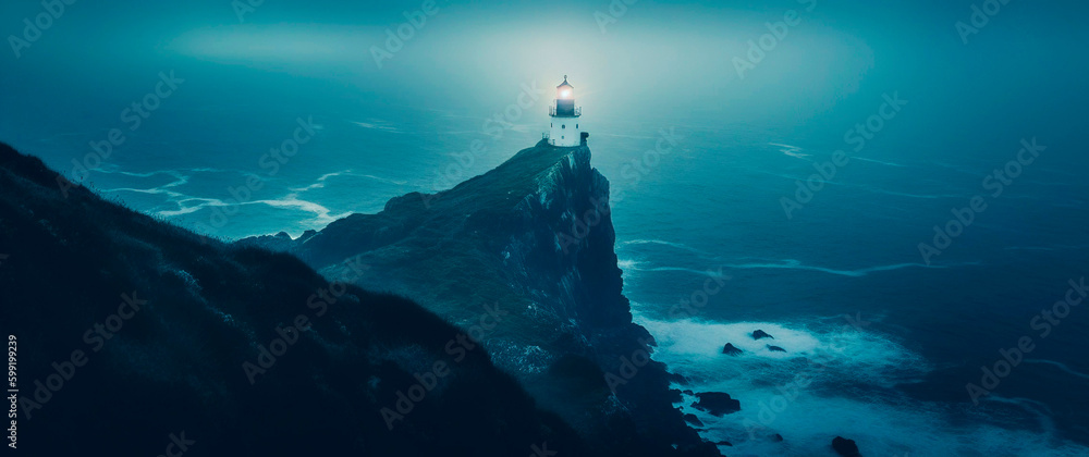 Lighthouse on a cliff edge in stormy and misty weather. Night landscape. Generative AI