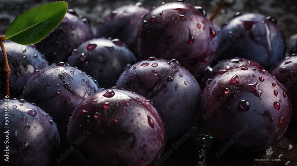 Fresh ripe acai berries with water drops background. Berries backdrop. Generative AI