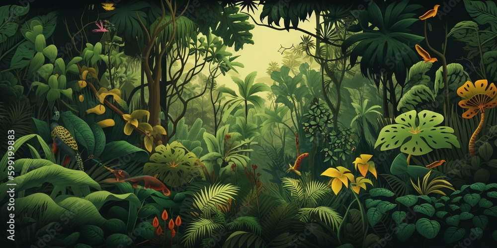 Deep tropical jungles. Dense forest landscape. Generative AI