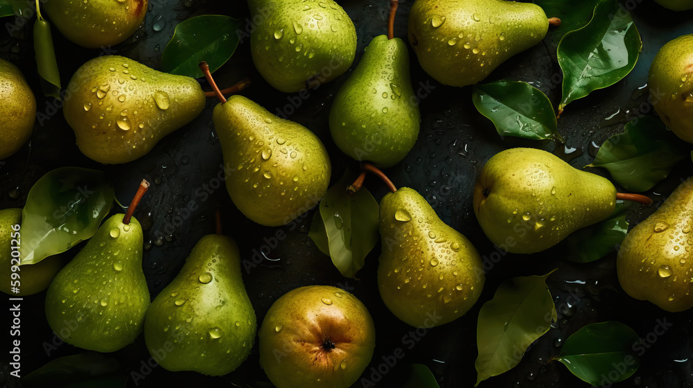 Fresh ripe pears with water drops background. Fruits backdrop. Generative AI