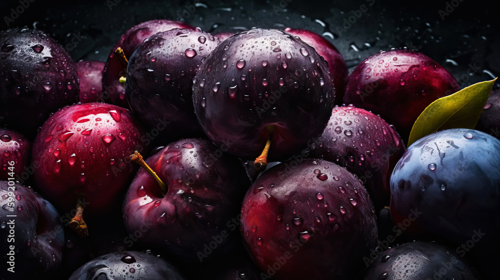 Fresh ripe plums with water drops background. Fruits backdrop. Generative AI