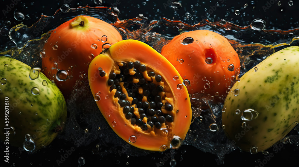 Fresh ripe papayas with water drops background. Fruits backdrop. Generative AI