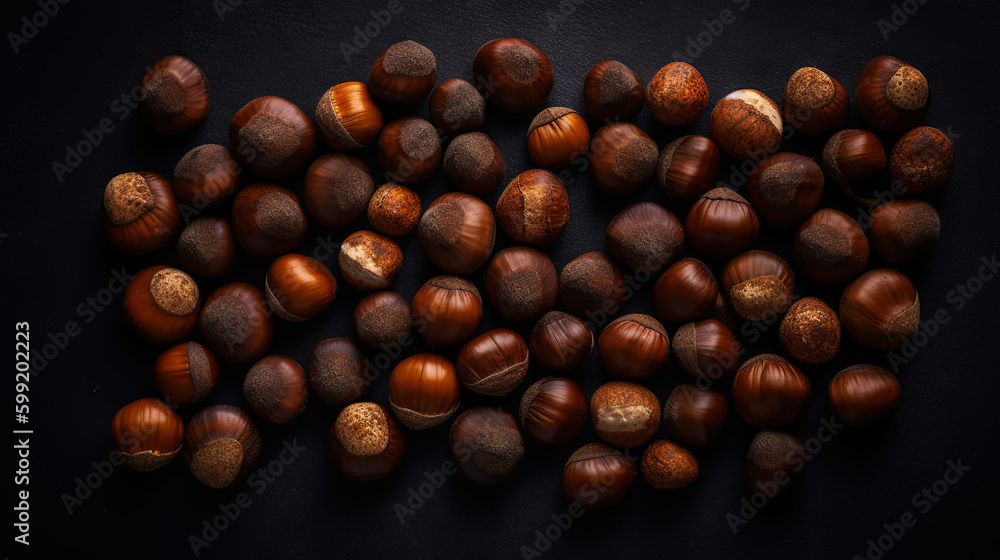 Many dried acorn nuts background. Top view on large group of nuts. Generative AI