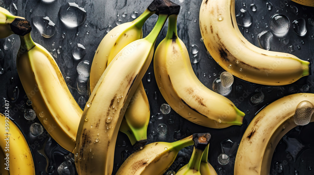 Fresh ripe bananas with water drops background. Fruits backdrop. Generative AI