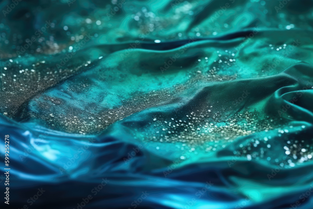 Glitter ink. Abstract background. Sparkling wave. Defocused shiny shimmering green blue color liquid