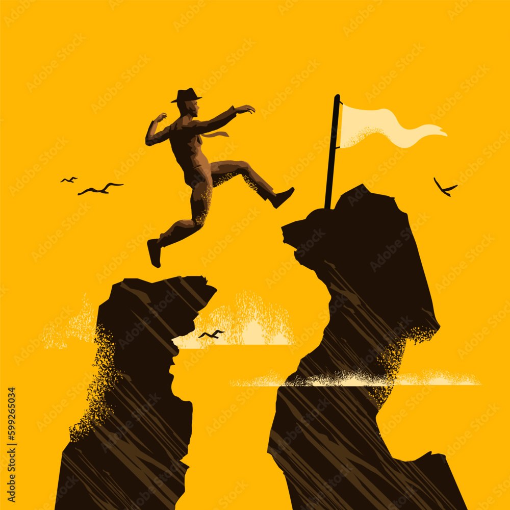 A leap of faith. A businessman jumps the final hurdle towwards his goal. Risk And achievement concep