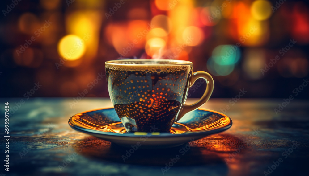 Rustic wood coffee cup holds frothy cappuccino generated by AI