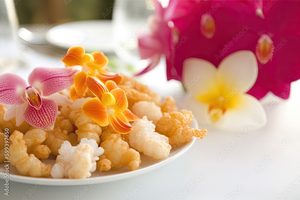 beautifully arranged plate of food with edible flowers Generative AI