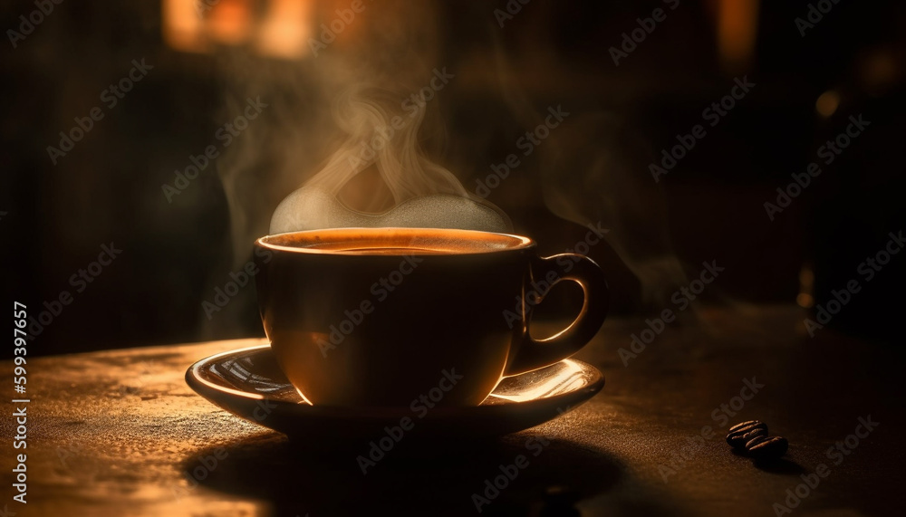 Hot coffee steam rises from rustic table generated by AI