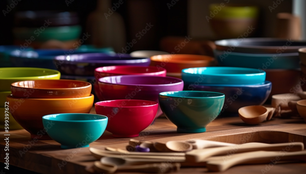 Colorful pottery collection on rustic wooden table generated by AI