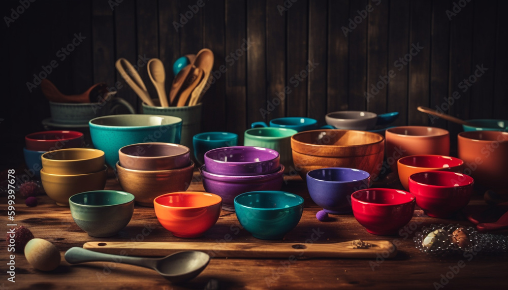 Rustic pottery collection on wooden kitchen table generated by AI