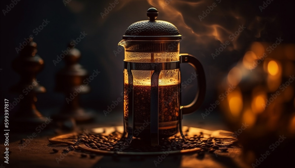 Rustic coffee mug glows in lantern light generated by AI