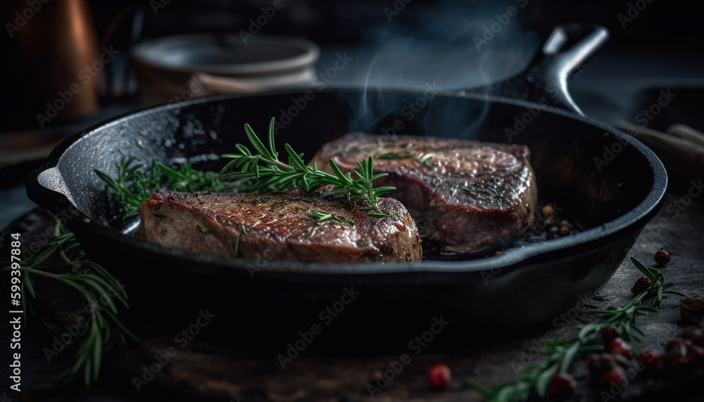 Grilled sirloin steak on rustic wood plate generated by AI