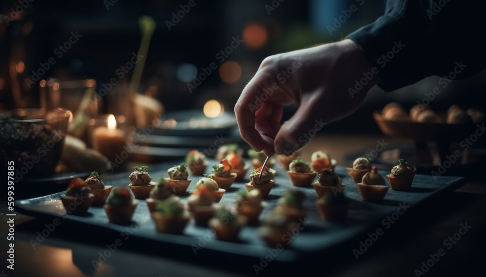 Gourmet chef prepares homemade dessert for celebration generated by AI