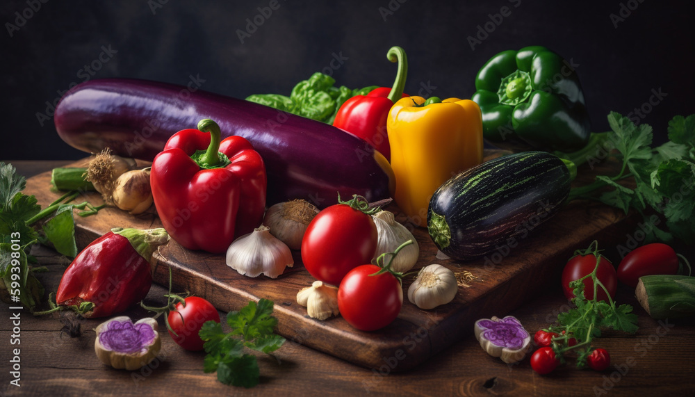 Fresh organic vegetables on rustic wooden table generated by AI