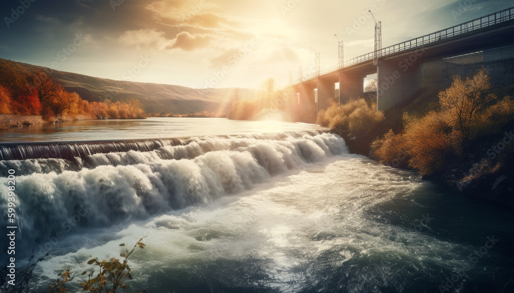 Sunset over forest, mountain, and flowing water generated by AI