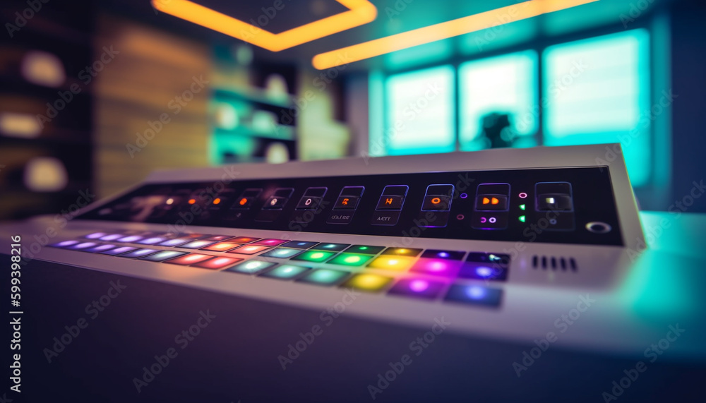 Electric mixer knob illuminates modern recording studio equipment generated by AI