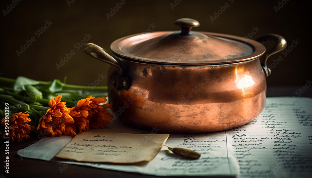 Antique copper teapot on rustic wooden table generated by AI