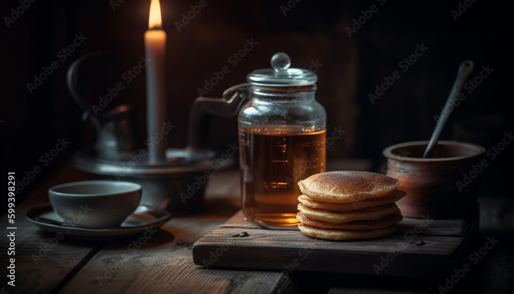 Stack of rustic pancakes with honey syrup generated by AI