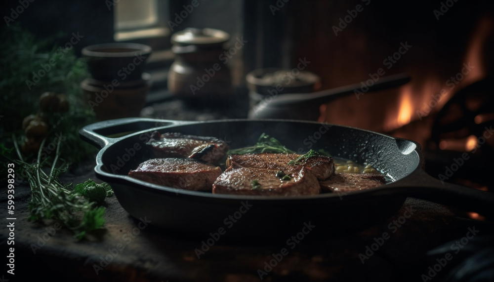 Grilled steak on rustic wood table, flame seared generated by AI