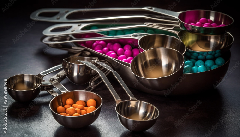 Metallic spoons in multi colored bowl of food generated by AI