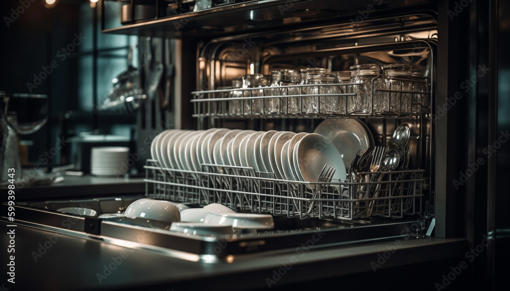 Clean crockery and utensils in modern kitchen generated by AI