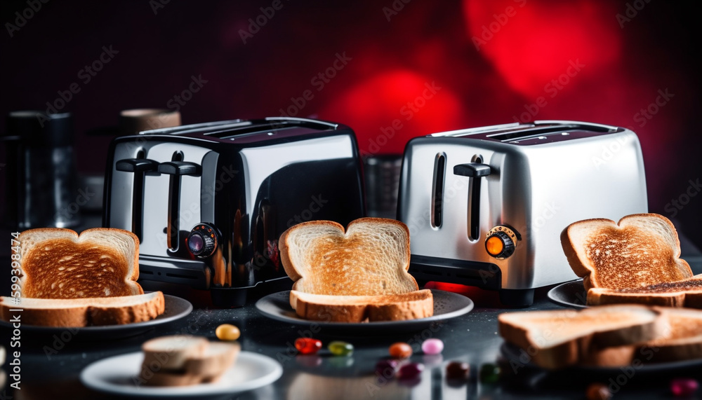 Freshly toasted bread on rustic wooden table generated by AI