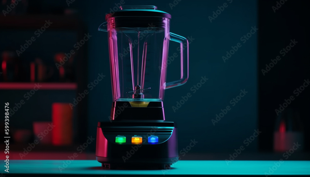 Glowing electric mixer blends fresh fruit cocktail generated by AI