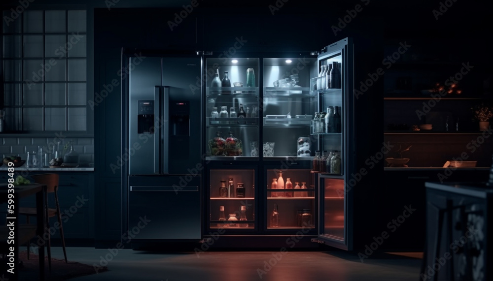 Modern kitchen design illuminated by electric lamp generated by AI