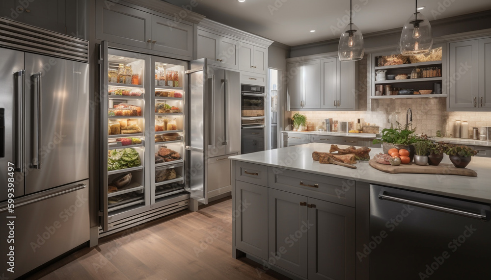 Fresh fruit and vegetables on modern kitchen counter generated by AI