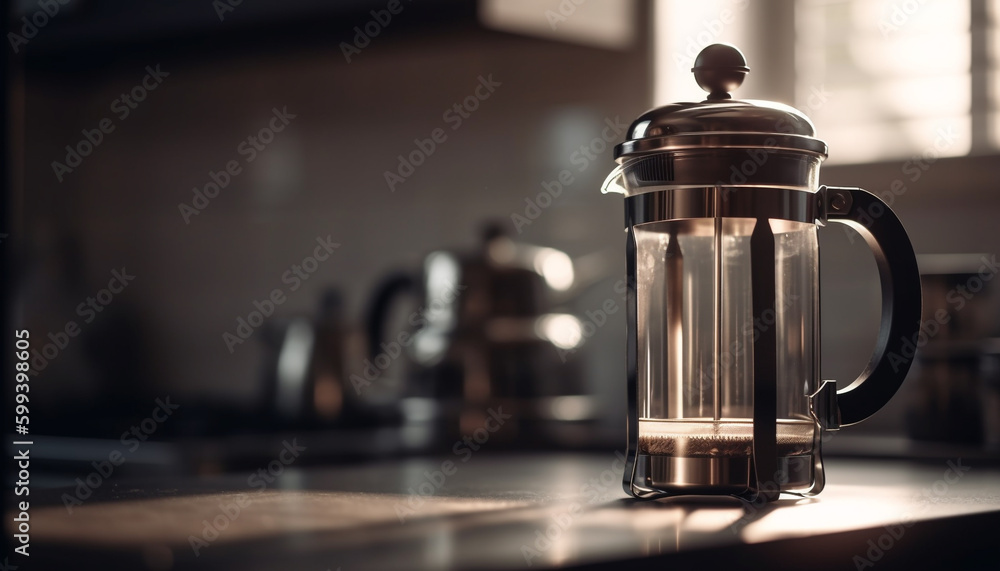 Fresh coffee in metallic mug on wooden table generated by AI