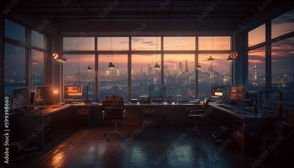 Modern cityscape through window, illuminated at dusk generated by AI