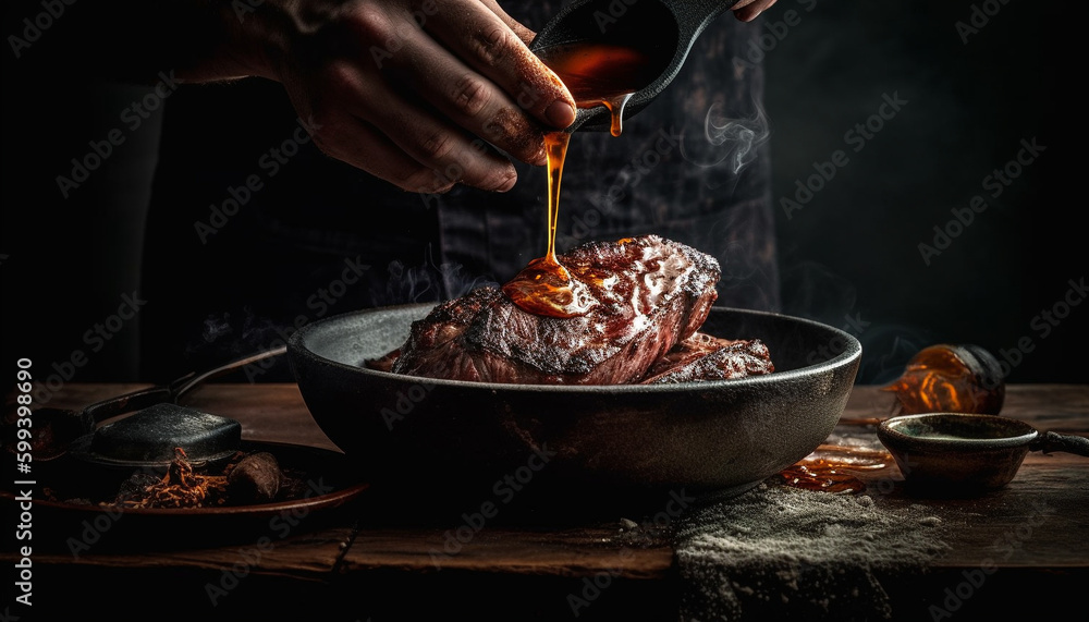 Grilled meat on rustic table, ready to eat generated by AI