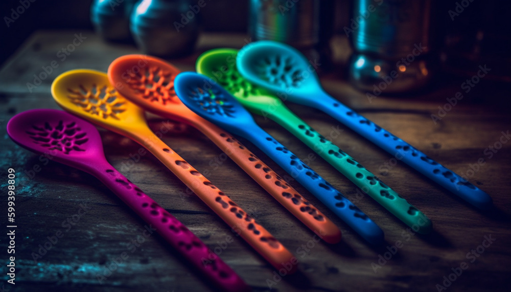 Colorful kitchen utensils on wooden table background generated by AI