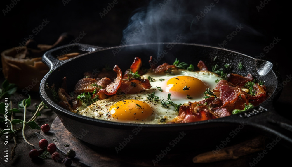 Freshly cooked gourmet pork meal on cast iron generated by AI