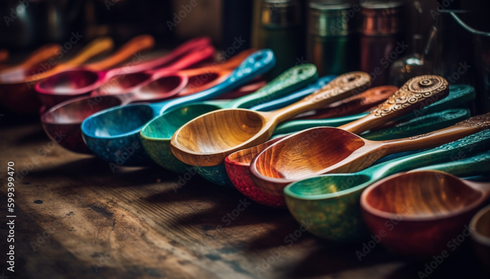 Wooden spoons and bowls, rustic kitchen collection generated by AI