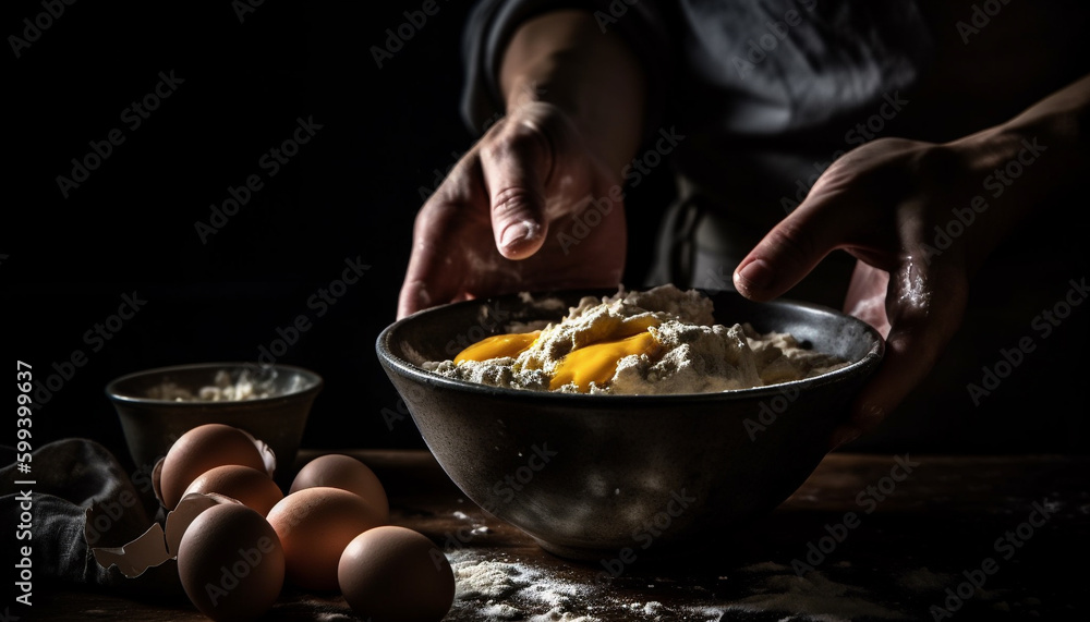 Handmade dough on wooden table, rustic baking generated by AI