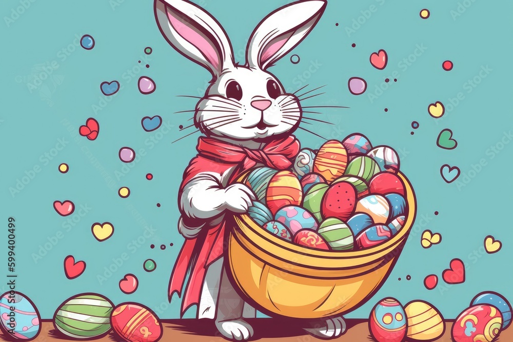 bunny holding a basket of colorful Easter eggs on a wooden table Generative AI