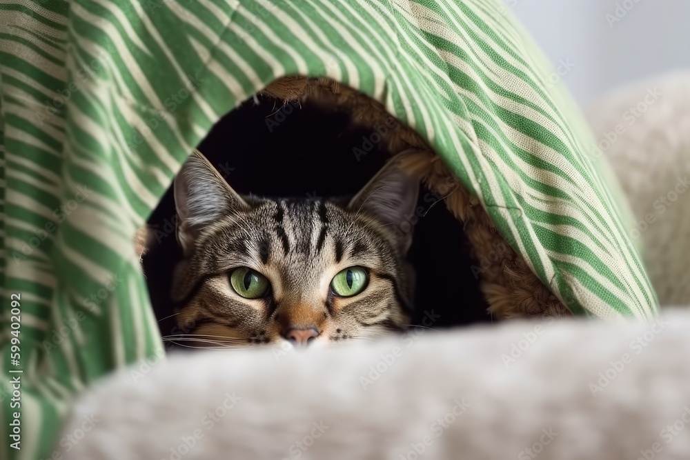 curious cat hiding under a green and white blanket Generative AI