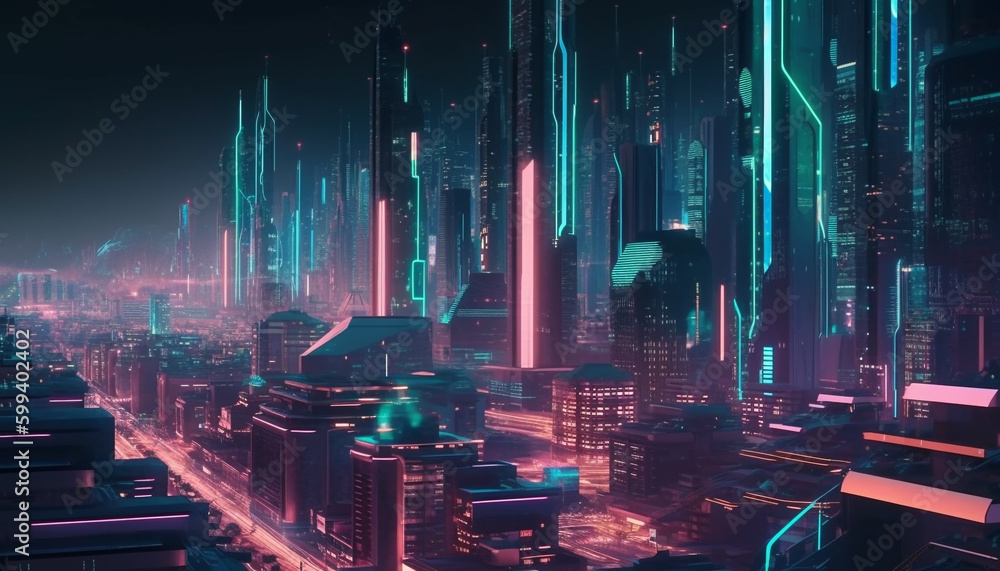 Futuristic skyscrapers ignite city skyline with neon lights generated by AI