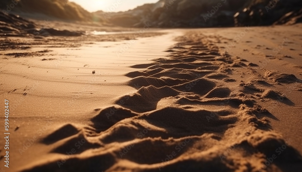 Sunset over sand dunes creates rippled pattern generated by AI