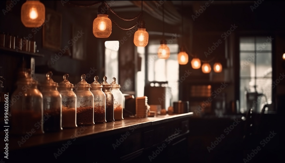 Rustic kitchen shelf displays old fashioned glass bottles generated by AI